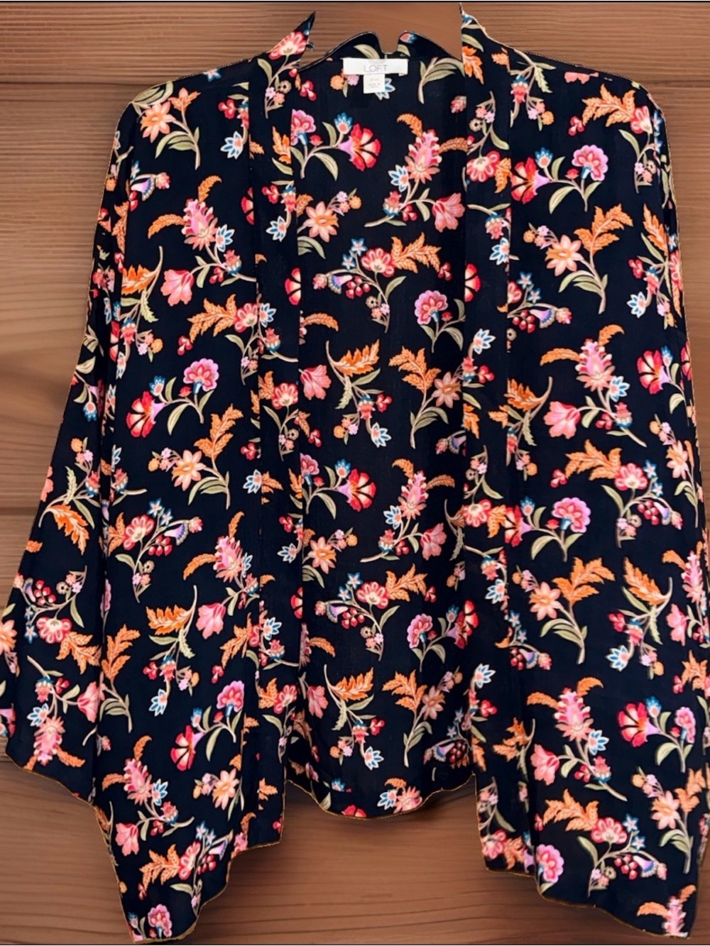 LOFT Black Floral Open Front Kimono Cardigan with Pink and Orange Blooms-XS/S-EC